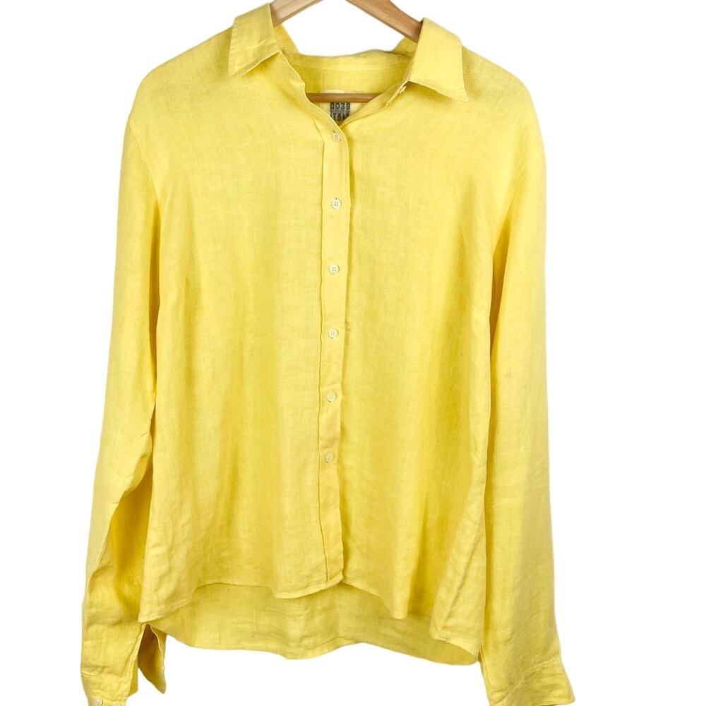 0039 Italy Button Up Shirt XL Yellow Linen Weave‎ Long Sleeve Collared Blouse